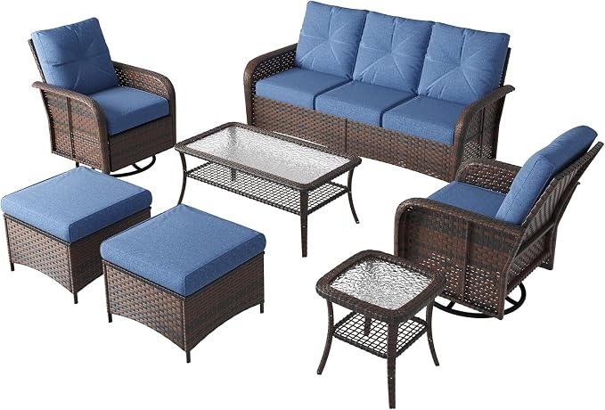 LazySunsets 9 Piece Outdoor Patio Furniture Set with Coffee Table, Wicker Rattan Outdoor Furniture with High Back Swivel Rocker Chairs, Outdoor Conversation Set with Thick Cushion & Ottoman, Navy Blue