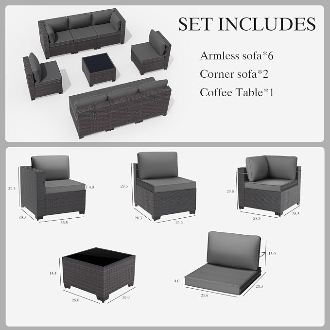 Gotland 9 Pieces Patio Furniture Set with 29.5'' High Backrest, All Weather PE Wicker Outdoor Furniture with 4’’ Thickened Cushions Coffee Table, Patio Set for Deck, Garden, Backyard, Grey