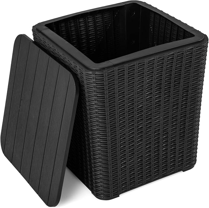 MEDIMALL Resin Wicker Patio Side Table with Lid, 11.5-Gallon Outdoor Deck Box with Concealed Storage Space, Small Square Coffee Table End Table for Porch, Garden, Poolside, Brown/Black (black)