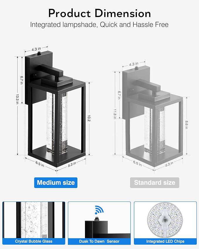 VIANIS Large Dusk to Dawn Sensor Porch Lights Outdoor, Black Exterior Garage Lighting Fixtures Wall Mount for House with Integrated 10W LED Light Source, Modern Outdoor Sconce Lantern for Patio, Coach