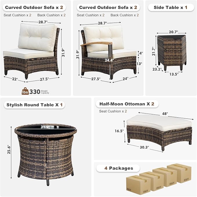 MEISSALIVVE 8-Piece Half-Moon Curved Outdoor Patio Furniture Set, Sectional Conversation Sofa with 2 Half-Moon Ottomans, Round Coffee Table for Backyard Deck Garden, Beige