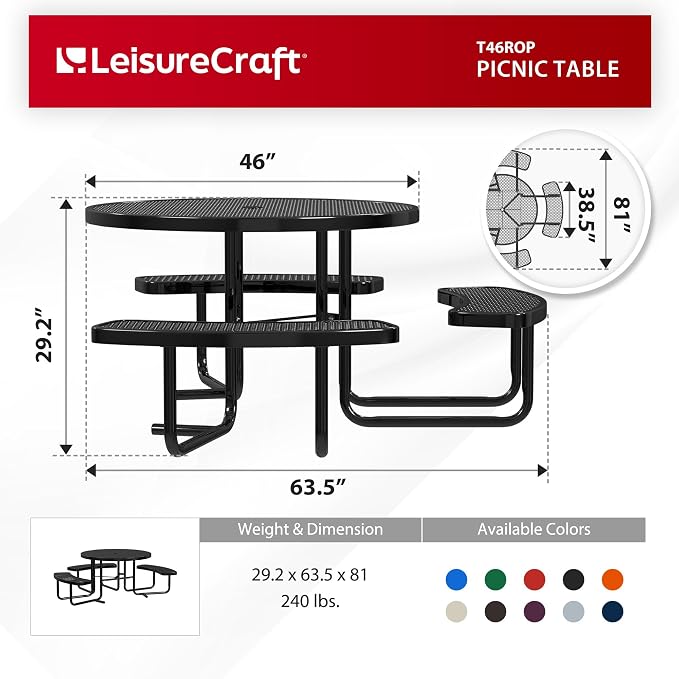 Leisure Craft Metal Picnic Table with Bench - 46" Round Outdoor Dining Table with Umbrella Hole, Heavy Duty Thermoplastic Coating, ADA Compliant, Commercial Grade Furniture Made in USA - Black
