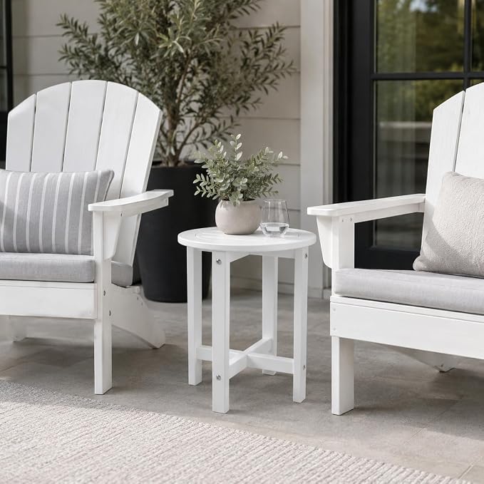 GDFStudio HDPE Outdoor Side Table, Small Patio End Table, All-Weather Round Accent Table for Porch Balcony Deck Poolside, White