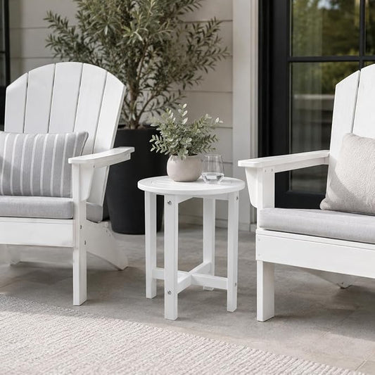 GDFStudio HDPE Outdoor Side Table, Small Patio End Table, All-Weather Round Accent Table for Porch Balcony Deck Poolside, White