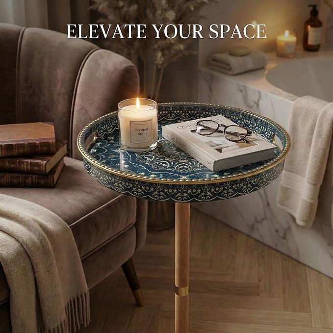 Gesodant Boho Single Leg Round Side Table with Tray Top, Pedestal Drink Table for Small Spaces, Aesthetic Accent Nightstand for Living Room, Bedroom, Corners, and Office (Yellow Leg Blue Maze)