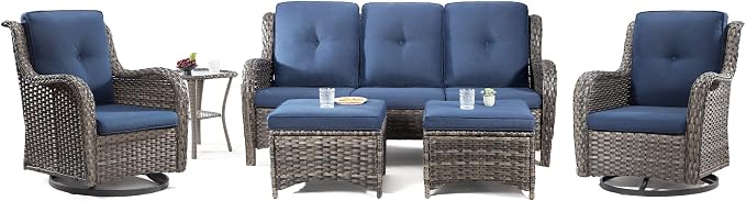 Wicker Patio Furniture Set 6 Piece Set with 1 Three-Seat Sofa, 2 Swivel Rocker Chairs, 2 Ottomans and 1 Side Table, Outdoor Furniture Patio Conversation Sets(Mixed Grey/Blue)