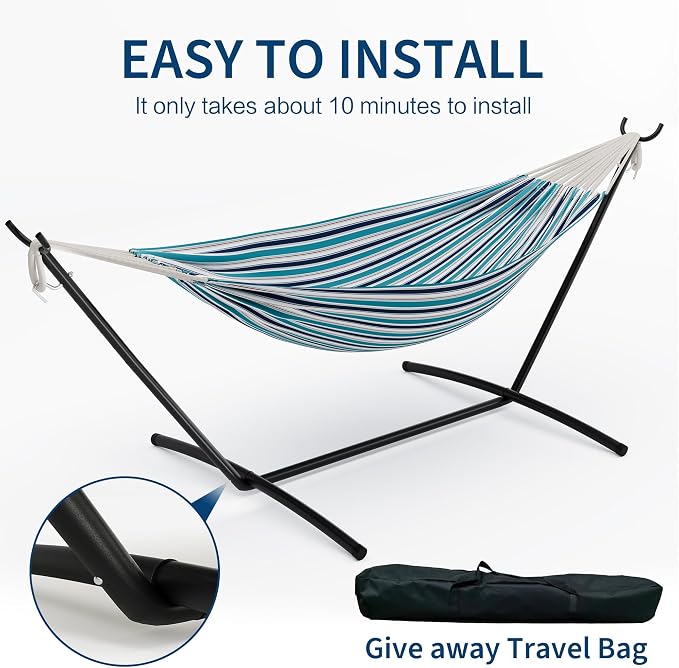 Heavy Duty Double Cotton Hammock with Stand, 450lbs Capacity Portable Hammock with Carry Bag, Vibrant Tropical Style for Indoor Outdoor Patio Backyard Camping