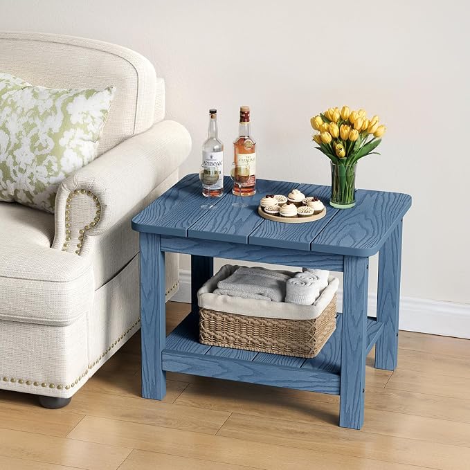 18" Outdoor Side Table, 2-Tier Patio Side Table, Weather Resistant, Easy Assembled, HIPS Adirondack Side Table for Backyard, Pool, Indoor, Blue