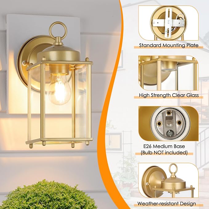 MATAMEYE Large Outdoor Wall Lantern, Exterior Waterproof Wall Sconce Light Fixtures, Gold Front Door Lighting with Clear Beveled Glass, Anti-Rust E26 Socket Porch Lamp, 2 Pack