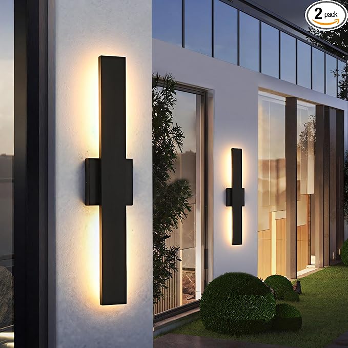 23.6inch Long Outdoor Modern LED Wall Light,24W Waterproof IP65 Warm White Led Wall Mount Lighting Fixture Black Outdoor Wall Sconces Outside Lights for House Garage Front Door Patio 2Pack