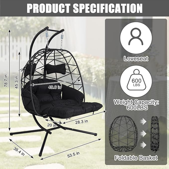 Double Egg Hammock Chair with Stand, Swing Egg Chair, Wicker Hanging Chair with Washable Cushion - Sturdy Metal Stand, 600lbs Capacity for Indoor Outdoor Patio Living Room Etc (Black+Black)