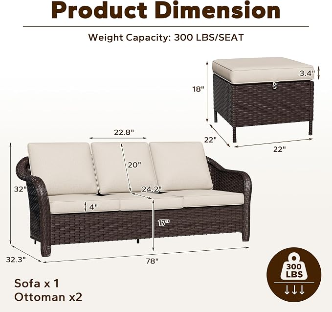 3 Piece Patio Wicker Conversation Set, All-Weather Use Outdoor Wicker Sofa with 2 PE Rattan Ottomans, Ideal for Porch, Backyard, Balcony, Poolside, Beige