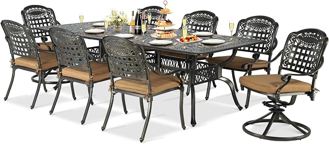 9-Piece Patio Cast Aluminum Dining Set, Outdoor Table and Chairs Set for 8, Includes 94.5" Rectangular Dining Table, 6 Stationary, 2 Swivel Dining Chairs with Umbrella Hole, Tan