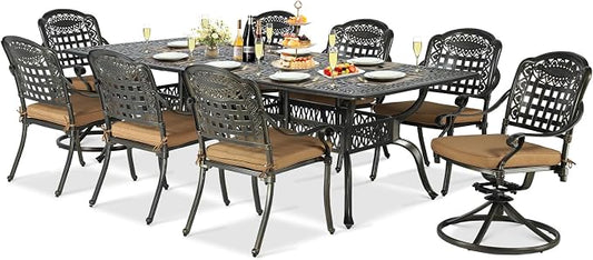 9-Piece Patio Cast Aluminum Dining Set, Outdoor Table and Chairs Set for 8, Includes 94.5" Rectangular Dining Table, 6 Stationary, 2 Swivel Dining Chairs with Umbrella Hole, Tan