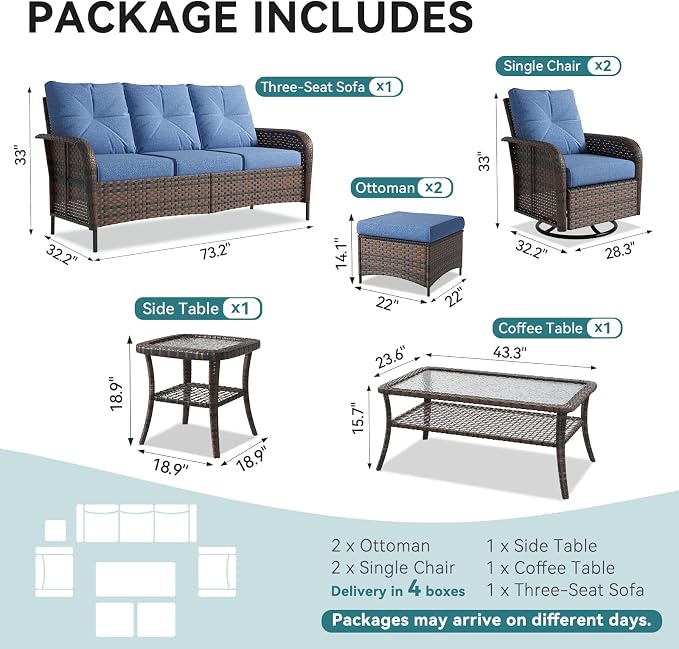 LazySunsets 9 Piece Outdoor Patio Furniture Set with Coffee Table, Wicker Rattan Outdoor Furniture with High Back Swivel Rocker Chairs, Outdoor Conversation Set with Thick Cushion & Ottoman, Navy Blue