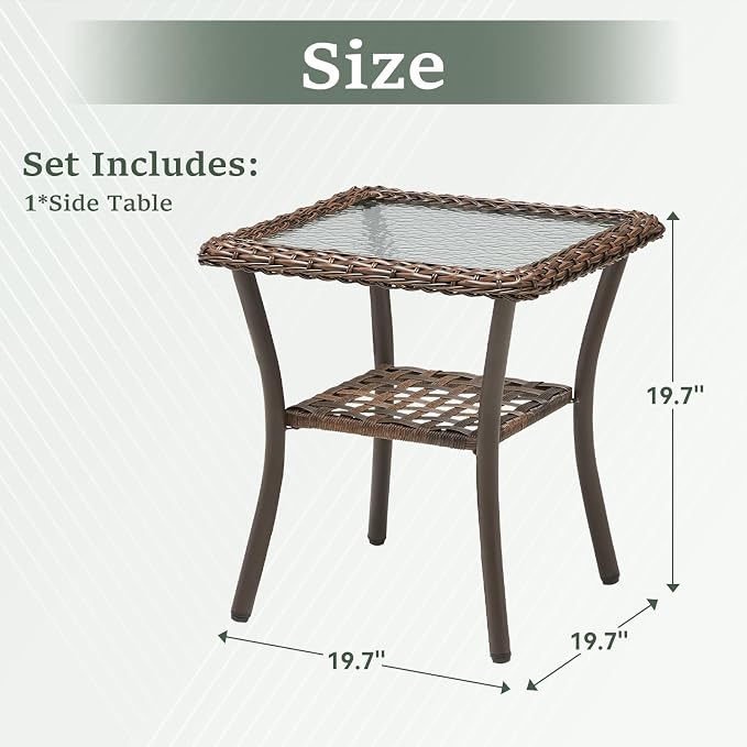 20x20x20 Outdoor Wicker Side Table, All-Weather Brown Rattan Small Patio Square End Table for Pool Balcony Deck Porch