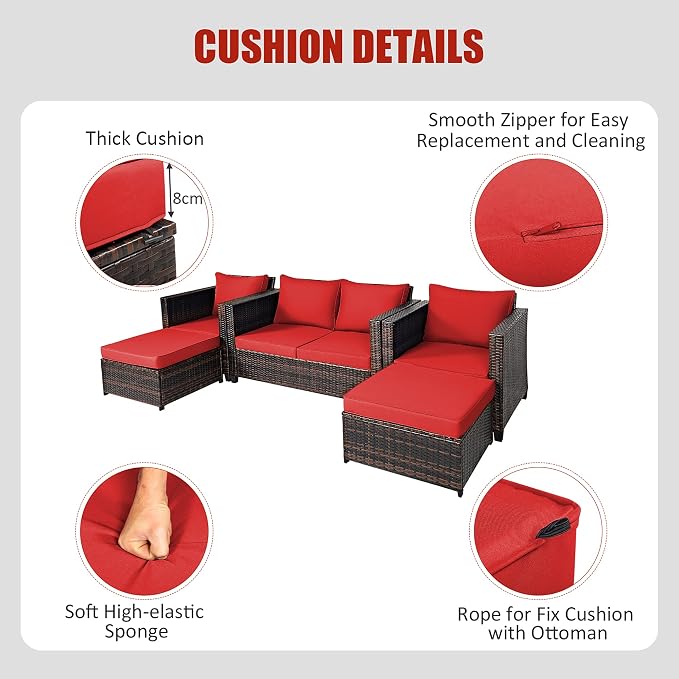 DORTALA 5-Piece Outdoor Patio Conversation Set, Loveseat and 2 Ottoman, Outdoor Sectional Rattan Sofa Set, Multifunctional Rattan Furniture Set Suitable for Home Backyard Garden Poolside Balcony, Red