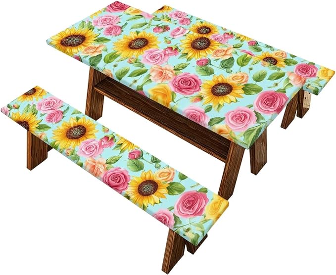 Picnic Table Cover with Bench Covers Elastic Edges, Rectangle Fitted Table Cover, Outdoor Patio Camping Essentials 72 Inch 3PCS, Waterproof Camping Fitted Tablecloth