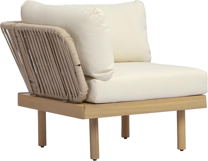 Christopher Knight Home John 4 Piece Patio Furniture Set with Slatted Coffee Table, Outdoor Sofa Set with Rope Back & Cushions, Modern Acacia Wood Sectional Conversation Set, Beige+Cream+Light Teak