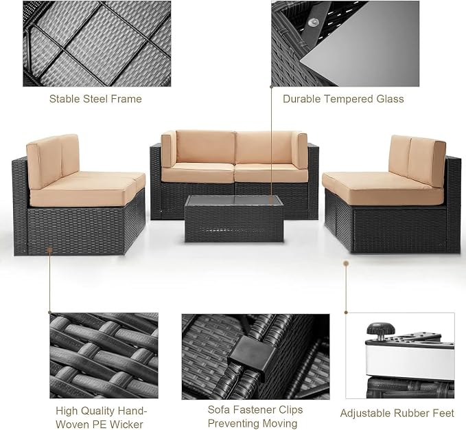 7-Piece PE Rattan Patio Furniture Set with Outdoor Wicker Sectional Sofa and Chairs with Tea Table for Backyard, Garden, Porch, or Deck Conversation Lounge(Beige)