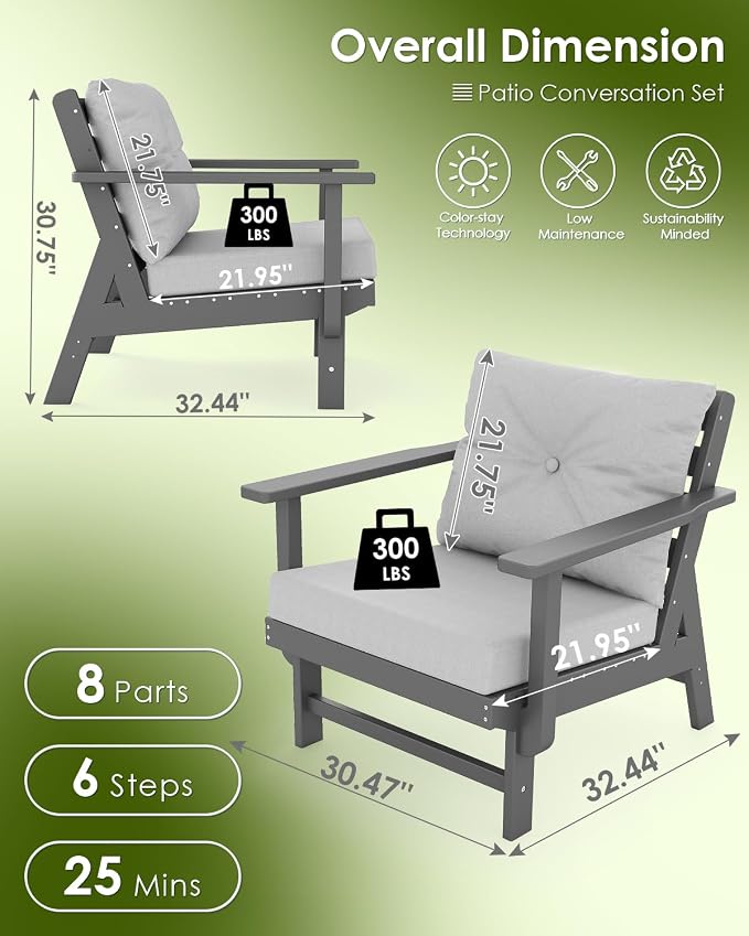 GREENVINES Outdoor-Couch | HDPE Plastic | Patio Sectional Conversation Set | All Weather Couches | Sofa with Detachable Armrests | for Porch Deck Lawn | Gray Frame Light Gray Cushion