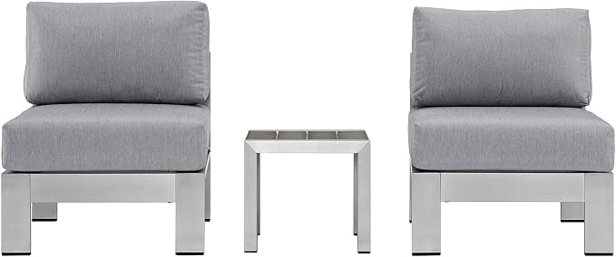 Modway Shore 3-Piece Aluminum Outdoor Patio Furniture Set in Silver Gray, Seating For Two