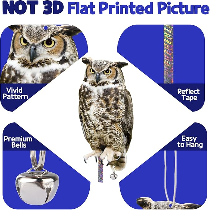 4PCS Fake Owl Plastic Owl to Scare Pigeon for Balcony Hanging Flat Garden Owls with Reflective Tape to Keep Squirrel Woodpecker Away from Outdoor House Window Patio Yard Backyard Front Porch Decor