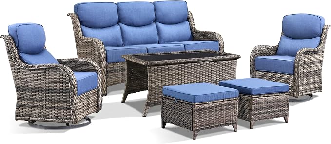 Luxury 6 Pieces Outdoor Patio Furniture Set-All Weather Wicker Outdoor Furniture with Swivel Rocker Patio Chairs 6-inch Extra Thick Cushions Wicker Conversation Set for Garden Porch(Grey/Blue)