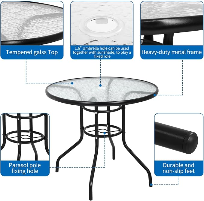 32" Outdoor Patio Table with Umbrella Hole Round Outdoor Coffee Table Tempered Glass Top, All Weather Dining Table Bistro Table Suitable for Backyards, Balconies, Gardens and Lawns (Round)