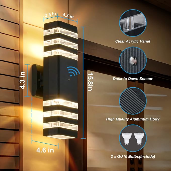 DASTOR Dusk to Dawn Outdoor Lighting, Square Up and Down Outdoor Wall Light, Aluminum Waterproof Exterior Light Fixture for House Porch Garage