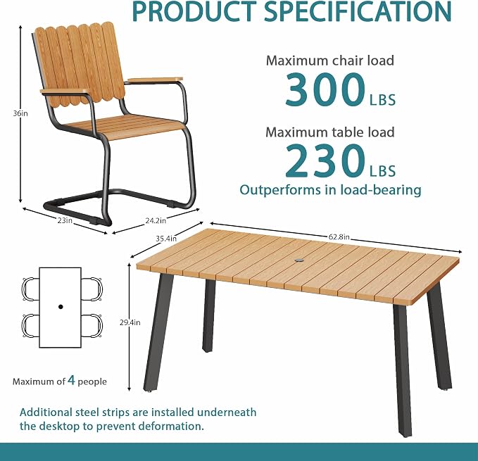 5 Piece Outdoor Conversation Set for 4, HDPE Patio Seating Set with Table and Chairs, All-Weather Outdoor Lounge Furniture with Umbrella Hole for Garden, Porch, Poolside, Gray & Teak