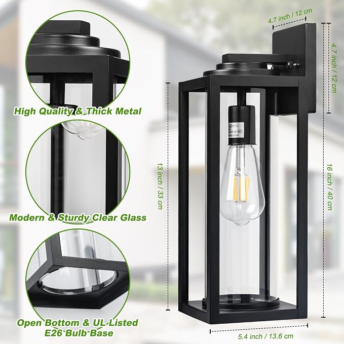 FILIYANO Large Outdoor Wall Lights, 16 Inch,Modern Exterior Fixtures,2 Pack | Anti-Rust, Waterproof, Black Exterior Lantern with Clear Glass, Farmhouse Wall Lighting Sconces for Garage, Porch, Front Door