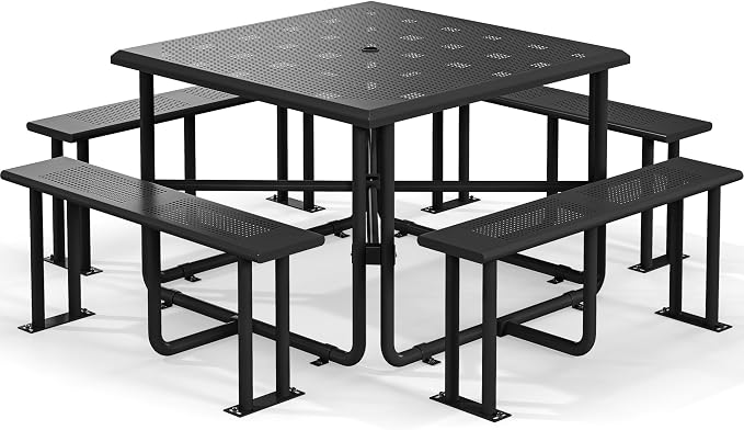 YITAHOME 37in icnic Table with Umbrella Hole, Outdoor Heavy-Duty Portable Picnic Table, Coated Steel Commercial Grade Table for a Lifetime