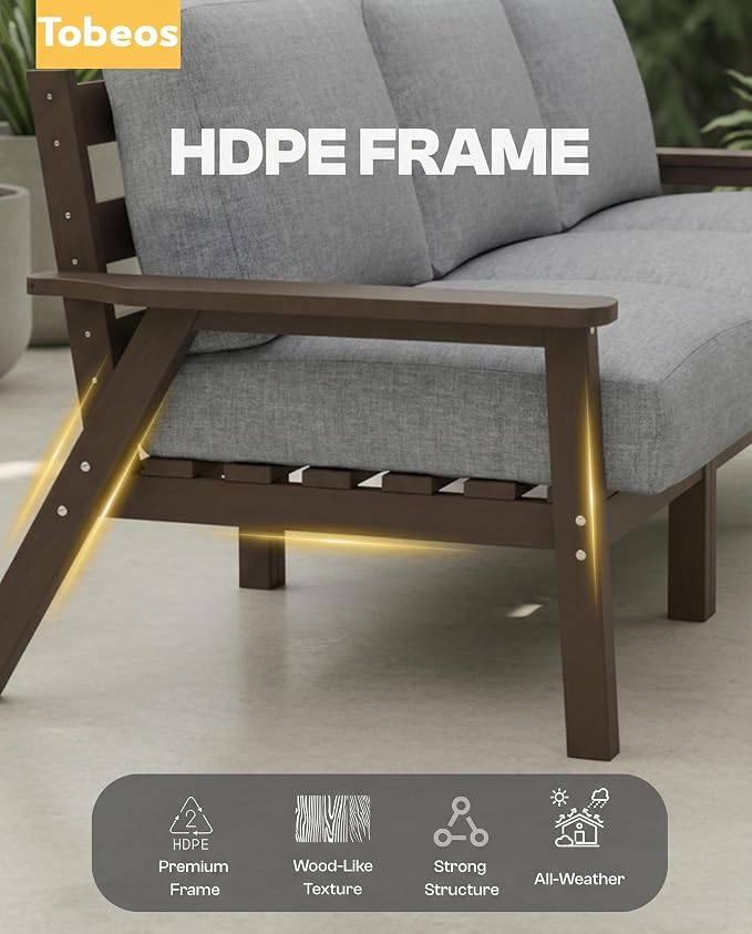 2 Piece HDPE Outdoor Furniture Set with Gray Cushions (Brown Frame) | All-Weather HDPE, Modular Design, Extra-Deep Seating, Thick Cushions, Ideal for Backyard, Deck & Porch