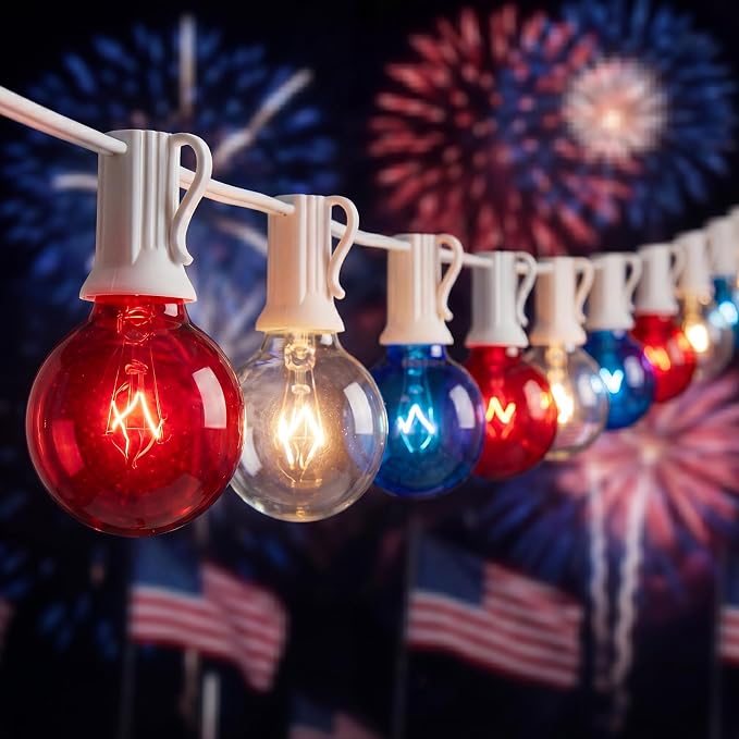 4th of July Decorations String Lights, 25Ft Outdoor Patio String Lights with 27 G40 Red White and Blue Light Bulbs(2 Spare), Independence Day Lights for Patriotic Party Garden Festival Decor- White