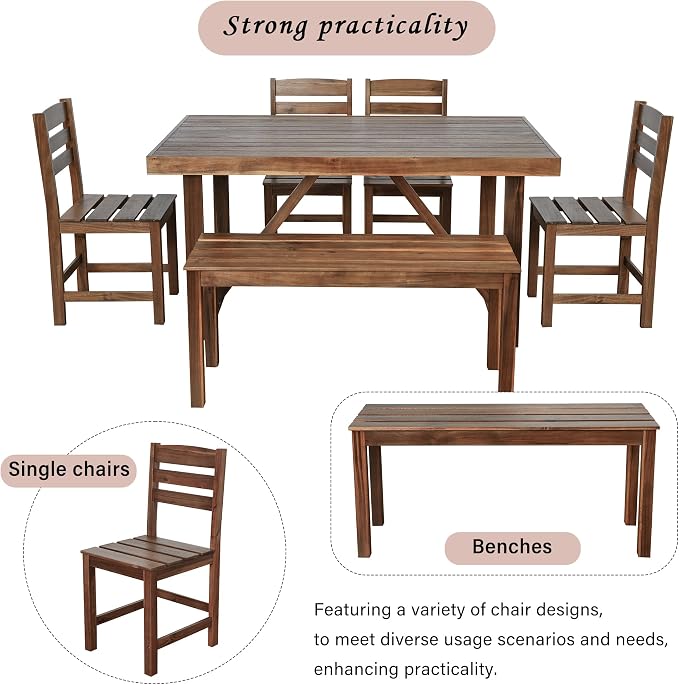 6 Pieces Outdoor Acacia Wood Dining Table Set for 7 with 59.8" Rectangular Table and 4 Chairs and Bench, Modern Patio Dinner Set without Cushion for Backyard, Garden, Poolside or Indoor, Brown