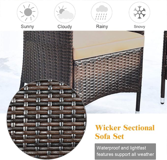 COSTWAY 8PCS Rattan Patio Furniture Set | Outdoor Wicker Rattan Chairs with Coffee Table, Rattan Cushioned Conversation Set for Backyard Balcony Poolside, Brown