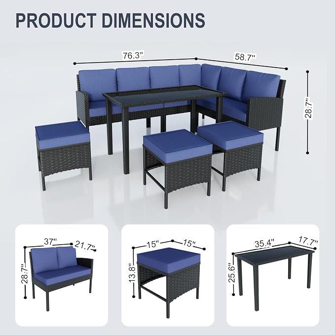 7 Pieces Outdoor Dining Set, Wicker Conversation Patio Furniture with Glass Table, L-Shaped PE Rattan Sectional Sofa Seating with Ottomans for Outside, Backyard, Balcony, Garden, Blue Cushions