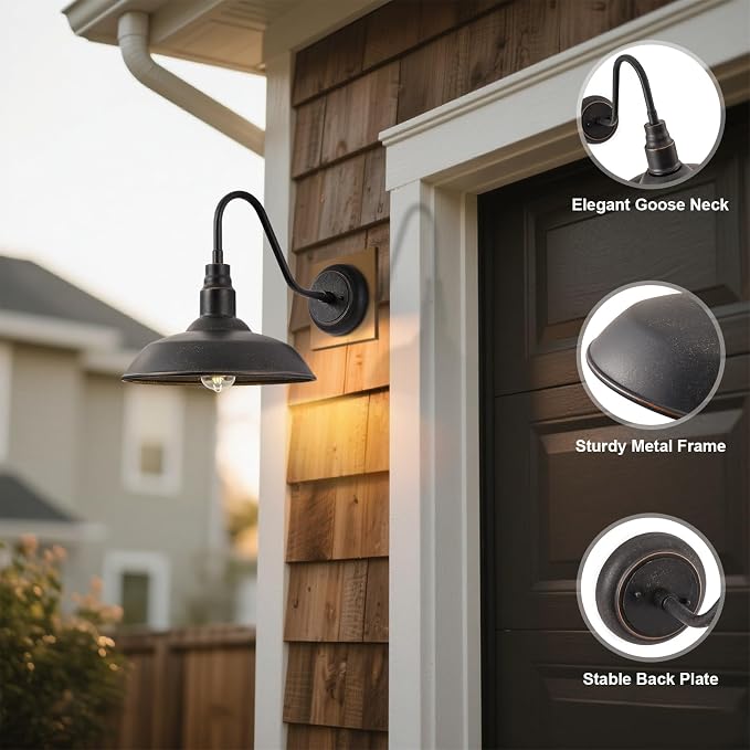 Gooseneck Outdoor Light Fixture, 10" Dome Exterior Farmhouse Lights for Barn, Bronze Porch Lighting, Gooseneck Wall Sconce for Patio Garage House