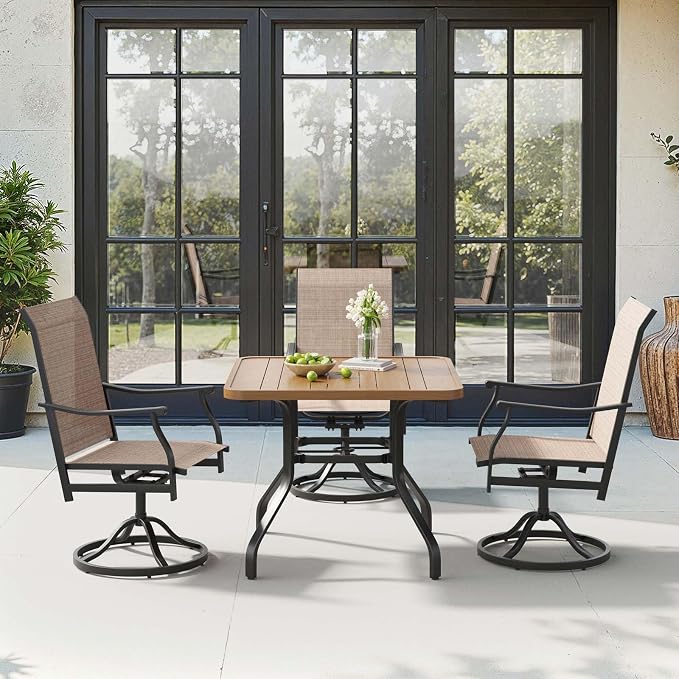 HRVEOCEI 35" Outdoor Square Table with Umbrella Hole, Metal Patio Dining Tables for Lawn Garden, Wood-Like Grain Bistro Table Outdoor for Backyard,Poolside,Deck,Por (Natural, Square)