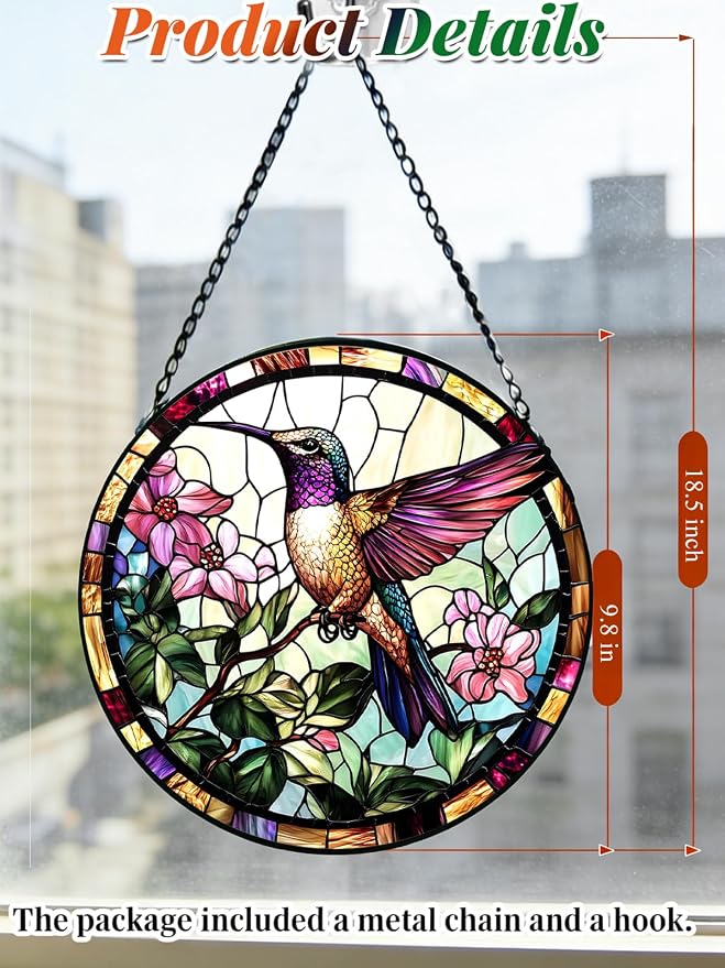 Hummingbird Stained Glass Suncatcher Window Hanging Flowers Gifts for Mom | 9.8in Garden Sun Catcher, Bird Pink Flowers Ornament for Door Home, Gift for Bird Lovers Grandma & Mother's Day Christmas