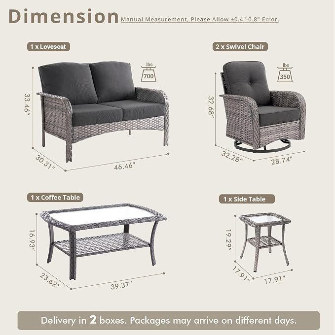 weaxty 5 Pieces Wicker Patio Furniture Set, High Back Swivel Rocker Chairs Outdoor Loveseat Sofa and Rattan Coffee Table, Outdoor Conversation Sets for Porch Deck Backyard Poolside, Black
