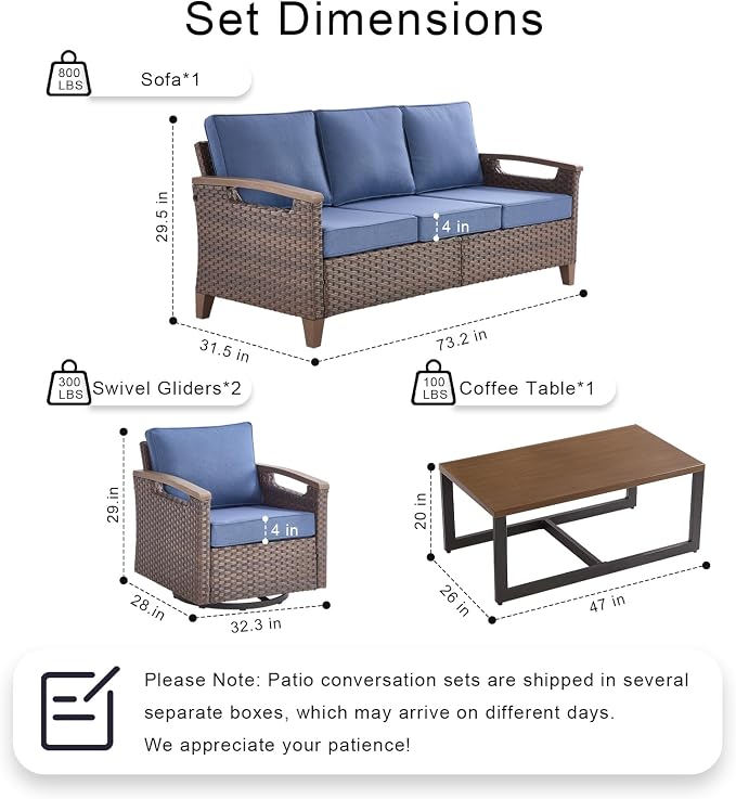 Rilyson Wicker Outdoor Patio Furniture Set of 6, 6 Piece Patio Conversation Sets with 2 Chairs, Sofa and Coffee Table, Thick Cushions, Waterproof Wicker, for Porch Deck Brown/Blue