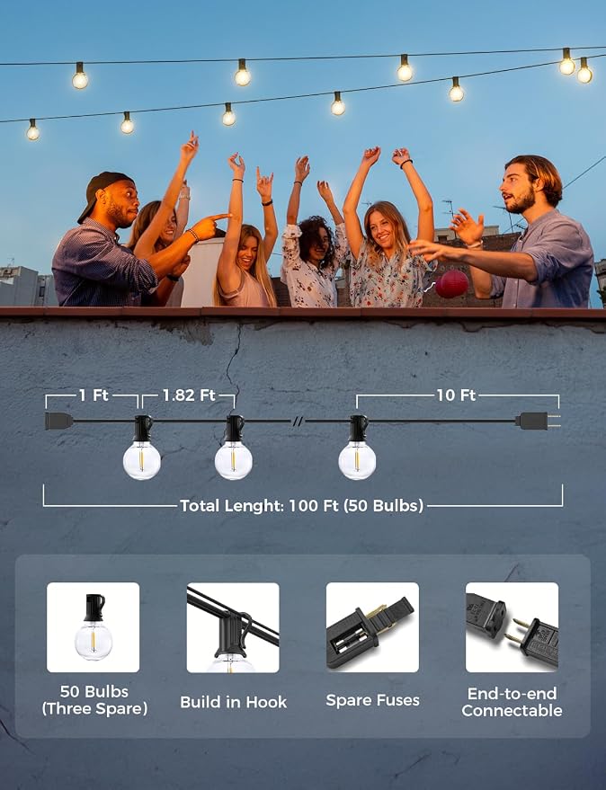 XMCOSY+ Outdoor String Lights, Smart Patio Lights 100Ft Dimmable Outdoor Lights Warm White, 50 G40 LED Bulbs, WiFi String Lights for Outside, Work with Alexa, APP Control, Waterproof Extendable | Warm white dimmable globe bulbs, WiFi & APP control, wor...