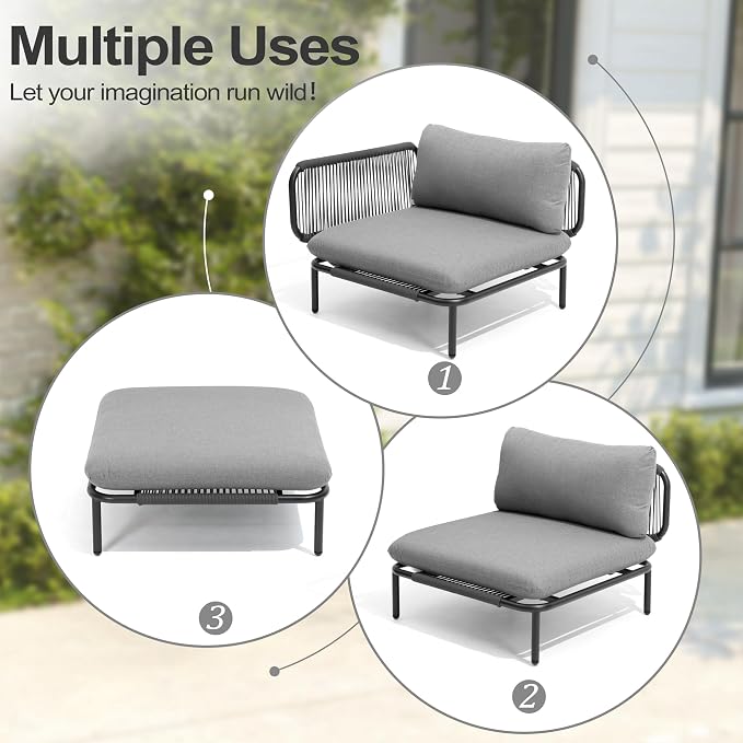 Patio Furniture Set, Outdoor Patio Furniture Oversized Metal Single Sofa, 1-seat Conversation Set with Cushion for Indoor and Outdoor, Black Frame and Dark Grey Mat (1 Seat 2 Armrests)