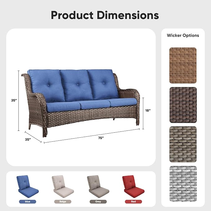 Belord Patio Sofa Luxury PE Wicker 3-Seater Outdoor Couch, Modern All-Weather High Back Deep Seat Woven Furniture Set for Porch, Deck, Balcony, Backyard - Brown/Blue