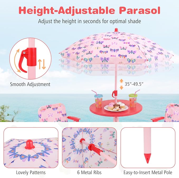 KOTEK Kids Picnic Table with Umbrella, Outdoor Table & 2 Folding Chairs, Cute Pattern Children’s Patio Furniture, Portable Kids Table and Chair Set for Backyard, Garden, Beach (Pink Butterfly)