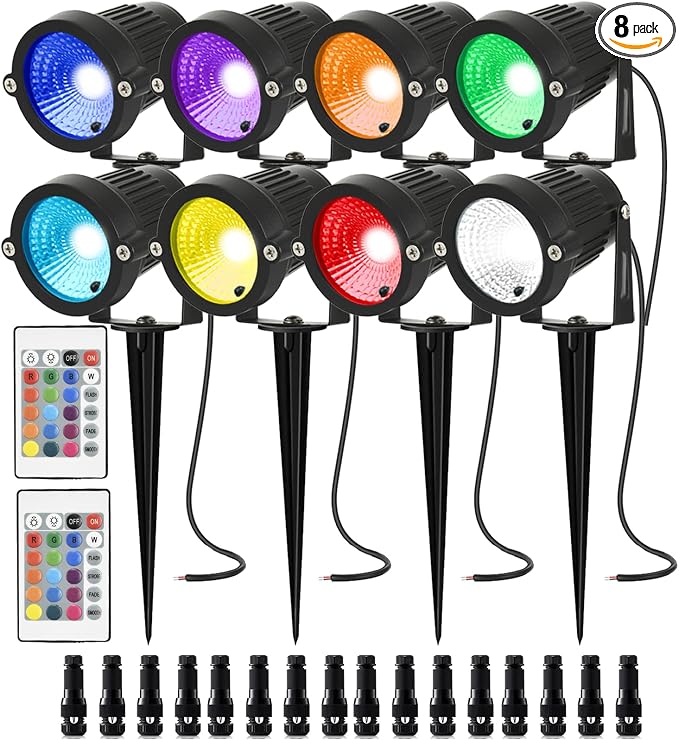 RGB Landscape Lights Low Voltage Color Changing LED Landscape Lighting IP66 Waterproof Outdoor Spotlight 5W 12V Remote Control Garden Pathway Christmas Decorative for Yard Path(16 Connector)