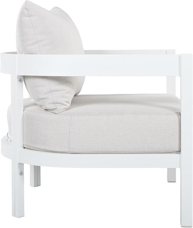 Christopher Knight Home Lula 5-Seater Patio Furniture Set with Coffee Table, 4 Piece Outdoor Conversation Set with Cushion, Aluminum Outdoor Sectional Sofa Set, White+Beige