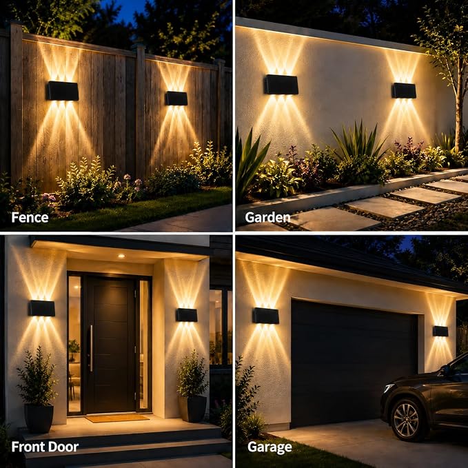 Solar Wall Lights Outdoor, 6 LED Solar Powered Wall Wash Light, Up and Down Lighting, IP65 Waterproof Exterior Fence Lights, Warm White, Auto On/Off for Patio, Fence, Garage, Garden, Yard